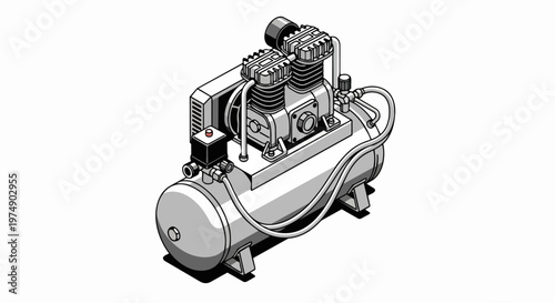 Isometric 3D Illustration of an Industrial Air Compressor Machine with Tank and Dual Pistons on White Background