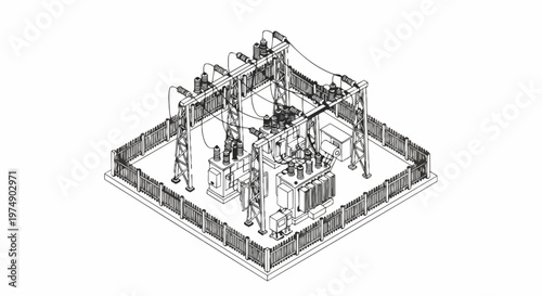 Isometric Line Art Illustration of an Electrical Power Substation with Transformers and High Voltage Utility Infrastructure