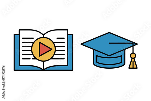 A vibrant illustration depicts an open book with a play button and a graduation cap