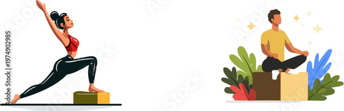 A woman in a red sports bra and black leggings performs an advanced yoga pose using two flat geometric yoga blocks on a solid white background