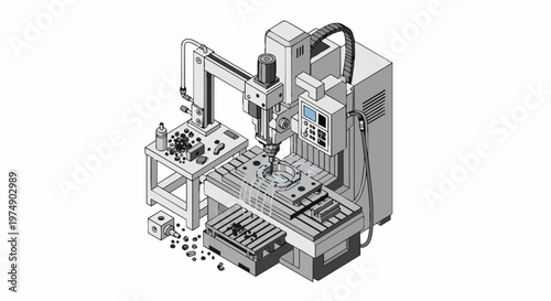 Isometric Industrial CNC Milling Machine with Workbench Illustration