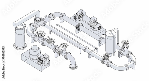 Isometric Technical Schematic of Industrial Piping System with Pumps, Valves, and Motors on White Background