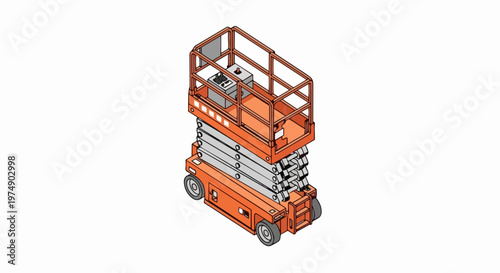 Isometric Illustration of an Orange Scissor Lift Aerial Work Platform for Construction and Industrial Use, Isolated on White Background