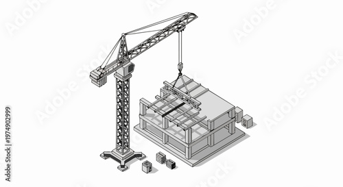 Isometric Illustration of a Building Under Construction with a Tower Crane Lifting a Steel Beam