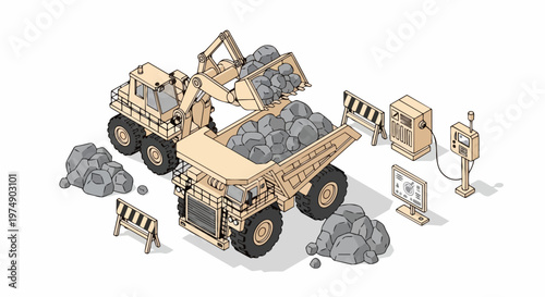 Isometric Smart Mining Illustration: Heavy Duty Excavator Loading Industrial Haul Truck with Remote Control Monitoring and Digital Data Displays