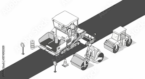 Isometric Road Construction Illustration, Heavy Machinery Paving Asphalt Line Art Vector