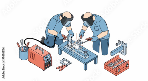 Isometric Illustration of Two Professional Welders Working Together in a Manufacturing Workshop with Welding Equipment and Tools