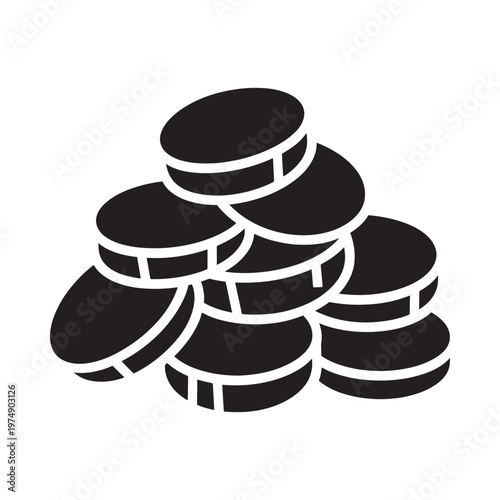 A black silhouette illustration depicts a stack of rounded coins