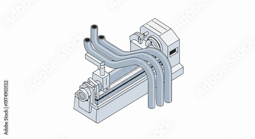 Isometric Industrial Machinery Component with Curved Metal Pipes and Tubes Technical Illustration
