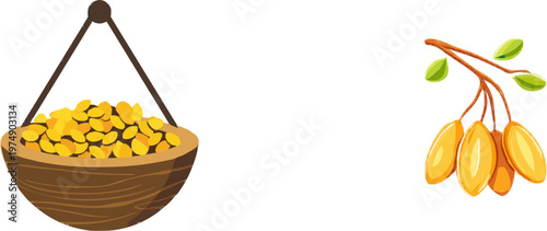 A minimalist bird r filled with geometric yellow seeds hangs from a hook on a pure white background, showcasing sharp clean contours and solid natural colors in an optimized vector graphic