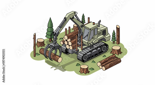 Isometric Vector Illustration of a Heavy Logging Machine Loading Wood Logs in a Forest Environment