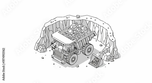 Isometric Mining Dump Truck Line Art Illustration of Heavy Haul Truck in Quarry for Coloring Book and Industrial Design