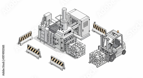 Isometric Industrial Recycling Machine and Forklift Illustration for Waste Management