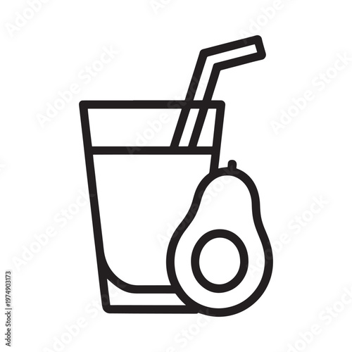 Simple line drawing of a glass straw and halved avocado fruit