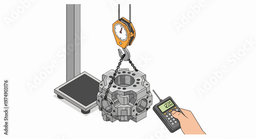 Industrial Engine Component Weighing Process Isometric Illustration with Crane Scale and Digital Remote for Manufacturing Quality Control