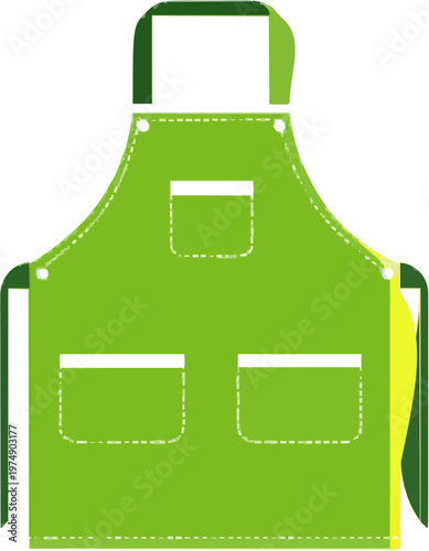 A flat vector illustration of a simple green garden apron with two large front pockets, featuring sharp clean contours and solid textile colors against a pure white background