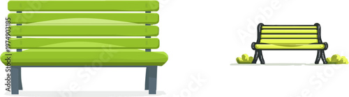 A minimalist green park bench with sharp clean contours sits on a pure white background, offering a serene and modern aesthetic