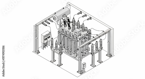 Technical Isometric Illustration of High-Voltage Power Transformer Station with Electrical Components and Industrial Infrastructure