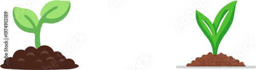 A simple green sprout emerges from a dark brown mound of soil on a pure white background, showcasing minimalistic design with sharp clean contours and solid organic colors