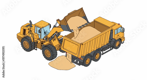 Isometric Illustration of a Yellow Front Wheel Loader Loading Sand into a Dump Truck, Heavy Construction Machinery Concept on White