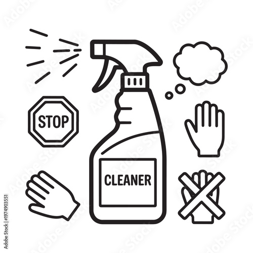 Cleaning supplies and safety precautions illustrated in a simple line art style