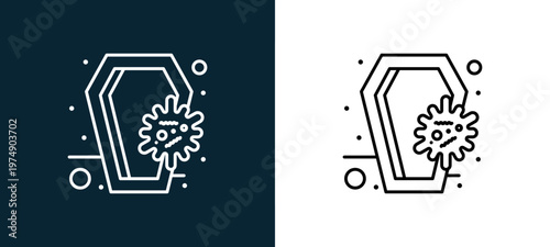 Two-color coffin outline icon pair in black and white, editable stroke vector illustration for web, mobile apps, UI design, branding, and print from Coronavirus