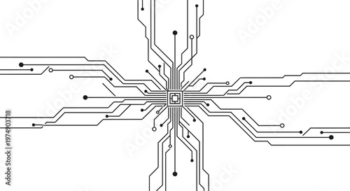 Intricate circuit board design with a central microchip and symmetrical traces extending outwards, symbolizing technology, connectivity, and data flow, isolated white background.