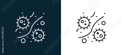 Two-color virus attack outline icon pair in black and white, editable stroke vector illustration for web, mobile apps, UI design, branding, and print from Coronavirus