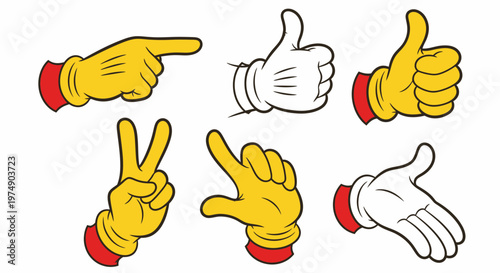 Collection of cartoon hands wearing yellow gloves, showing various gestures including pointing, thumbs up, and peace sign on an isolated white background.