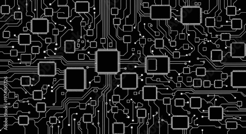 Seamless pattern of integrated circuits and circuit board traces, creating a high-tech black and white background symbolizing computing and digital technology.