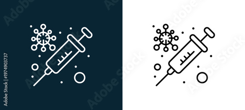 Two-color syringe outline icon pair in black and white, editable stroke vector illustration for web, mobile apps, UI design, branding, and print from Coronavirus