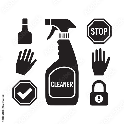 Black silhouettes representing cleaning safety and restriction symbols