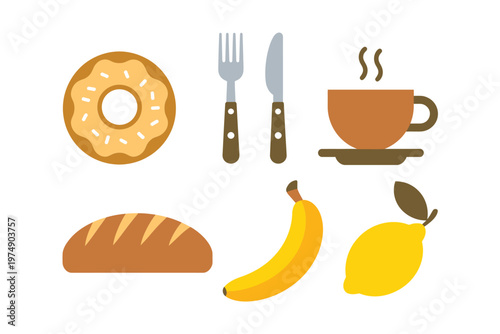 A colorful breakfast spread features a donut fruit bread and hot beverage high quality professional detailed