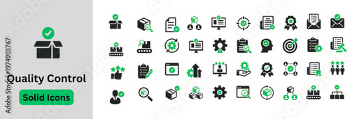 Solid Vector of Quality Control Icons Set. Quality Control solid Icons Set. Quality control icon collection set with Inspection, Evaluation, Improve, Calibration, Testing