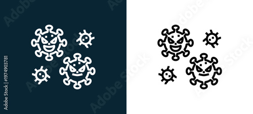 Two-color coronavirus outline icon pair in black and white, editable stroke vector illustration for web, mobile apps, UI design, branding, and print from Coronavirus