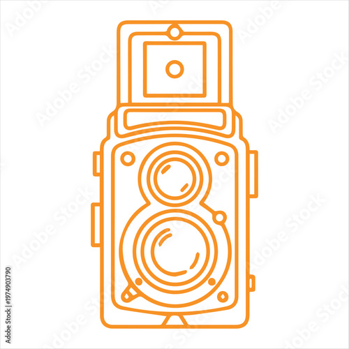 Camera with dual lenses stands as a vintage photography icon rendered in a clean orange line art style.