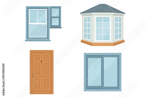 Illustration of architectural elements windows and a wooden door in neutral tones high quality professional detailed