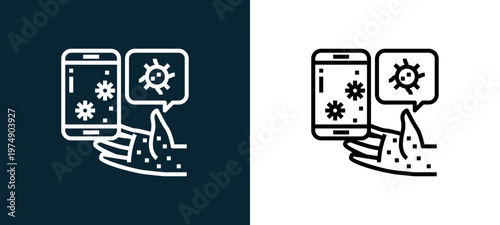 Two-color smartphone outline icon pair in black and white, editable stroke vector illustration for web, mobile apps, UI design, branding, and print from Coronavirus