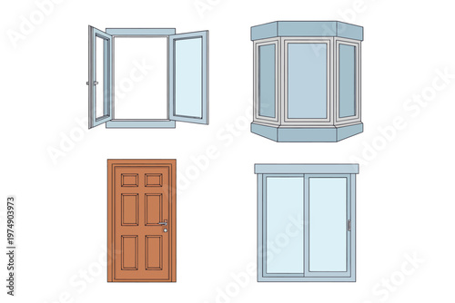 A collection of architectural elements including windows a door and building fixtures high quality professional detailed