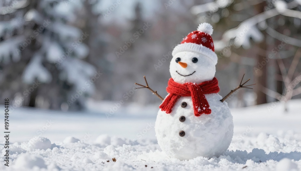 Fototapeta premium Happy snowman standing in a snow covered field on a sunny winter day