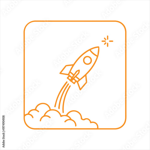 Rocket ship launching upwards symbolizes rapid business growth and successful innovation in this minimalist orange outline illustration with plenty of copy space for branding.