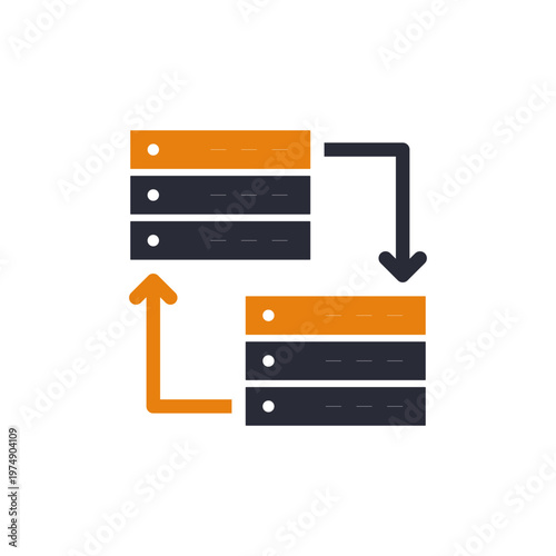 Server stacks sync arrows indicating migration, flat icon with orange and navy blocks, two rack illustrations connected