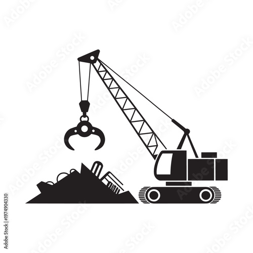 Black silhouette of a crawler excavator with a grapple working