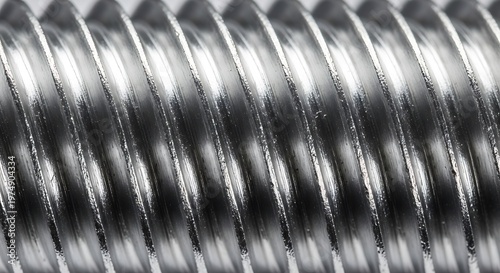 Macro close-up shot of a metallic steel screw thread texture