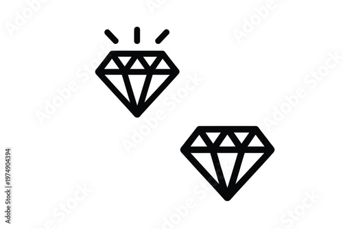 A minimalist depiction of two black diamonds one upright and one tilted with sparkling highlights