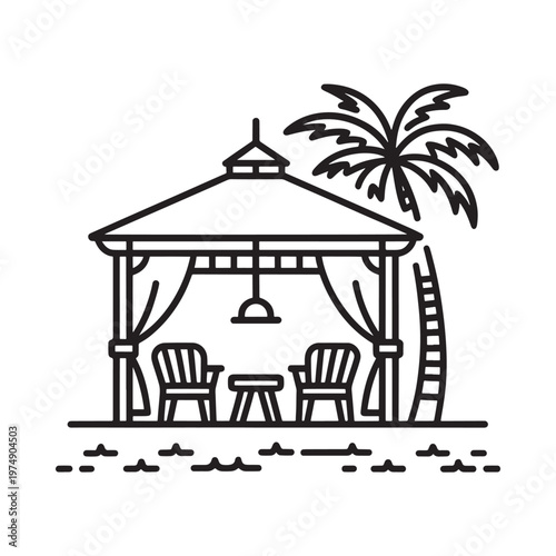 Beach gazebo with chairs and palm tree simple line art style