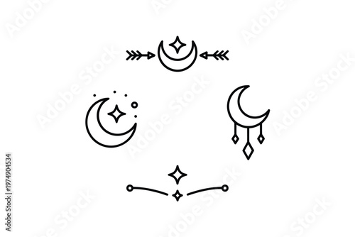 Minimalist illustration showcasing celestial motifs including crescent moons stars and arrow designs high quality professional detailed