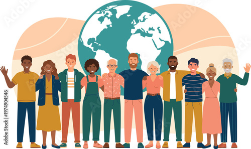 Diverse group of multiracial people standing together smiling in front of earth globe for global unity and community connection