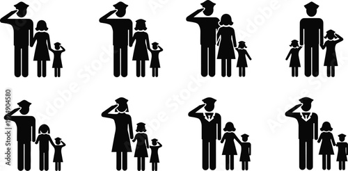 Military personnel icon set saluting soldiers families and patriotic symbols for defense and armed forces graphics
