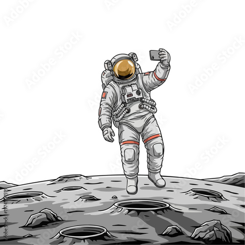 An astronaut in a spacesuit taking a selfie on the surface of the Moon